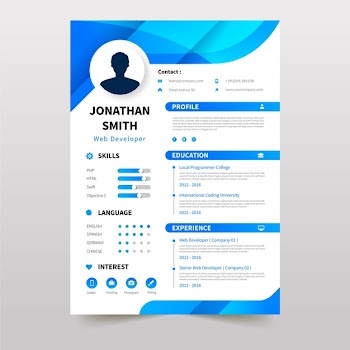 Online curriculum vitae template with blue elements Free Vector