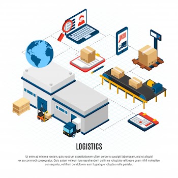 Online delivery service logistics isometric flowchart with freight vehicles and warehouse building 3d isometric vector illustration Free Vector