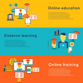 Online education flat horizontal banners set with distance learning and training elements isolated vector illustration Free Vector