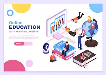 Online education isometric poster with tutorials advertising distance courses and slogan learn anywhere anytime Free Vector