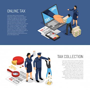 Online income tax declaration and inspectors characters collecting cash. horizontal isometric banners vector illustration Free Vector