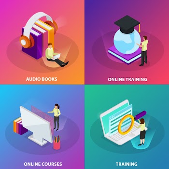 Online learning 2x2 design concept set of online courses online training audio books  square glow icons isometric Free Vector