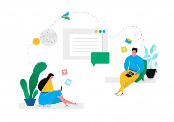 Online virtual relationships dating in social networks chat rooms in internet. man and woman communicate on laptop with each other sitting at home. internet virtual reality. vector illustration Free Vector