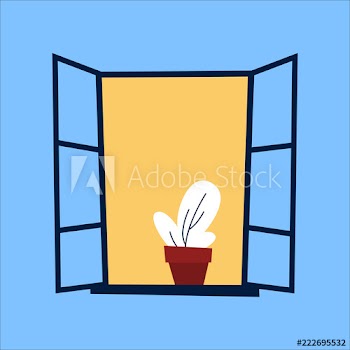 Opened window with cactus on the blue wall