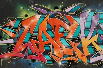 orange and purple graffiti piece