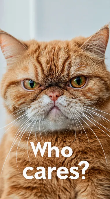 Orange cat with grumpy expression and "Who cares?" caption on white background