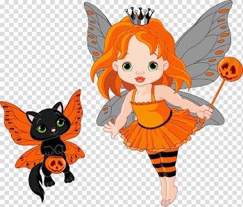Orange dressed Halloween-themed fairy and black cat illustration, It's Halloween Trixie the Halloween Fairy , Halloween Fairy and Cat transparent background PNG clipart