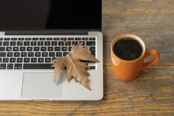 Orange Mug Near Macbook