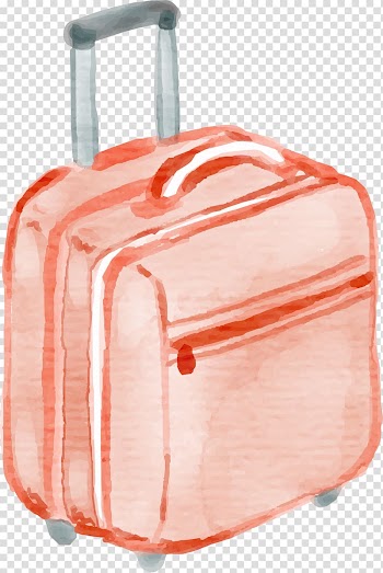 Orange rolling luggage illustration, Suitcase Watercolor painting Baggage Drawing, Hand drawn suitcase with watercolor transparent background PNG clipart