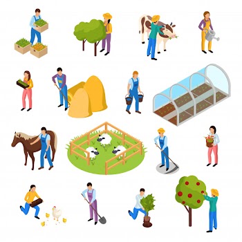 Ordinary farmers life isometric collection with elements of farming facilities plants and farm workers Free Vector