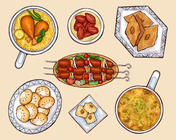 Oriental cuisine dishes cartoon vector set Free Vector