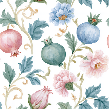 Ornamental Pomegranate and Floral Watercolor Pattern