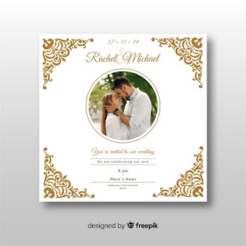 Ornamental wedding invitation template with photo Free Vector