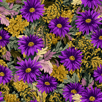 Ornate Floral Textile Pattern with Purple and Yellow Flowers