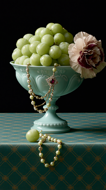 Ornate Footed Bowl with Grapes and Jewelry