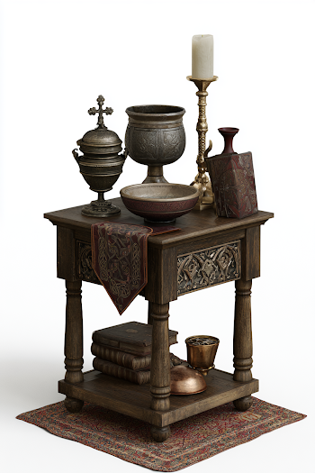 Ornate Medieval Side Table with Decorative Objects
