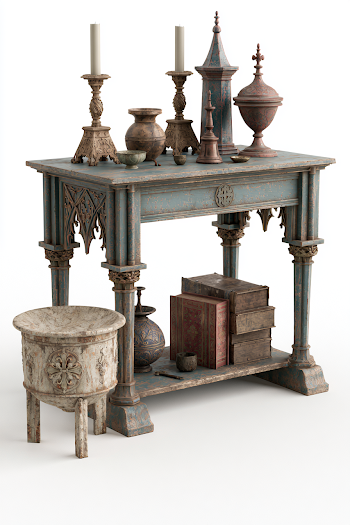 Ornate Medieval Side Table with Decorative Objects