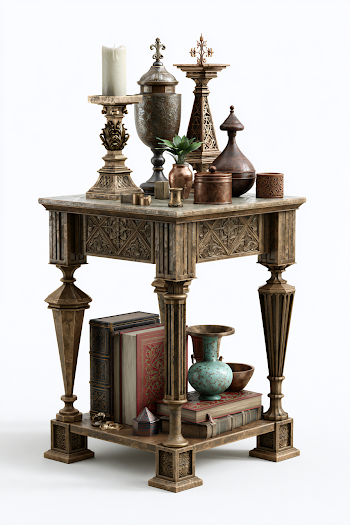 Ornate Medieval Side Table with Decorative Objects