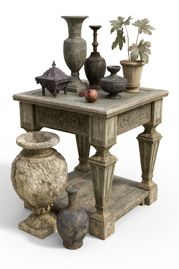 Ornate Medieval Side Table with Decorative Objects