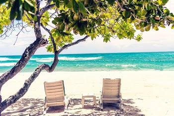 Outdoor Loungers On Seashore