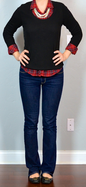 outfit post: red plaid shirt, black sweater, bootcut jeans, black ...