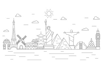 Outline landmarks skyline with ocean waves Free Vector