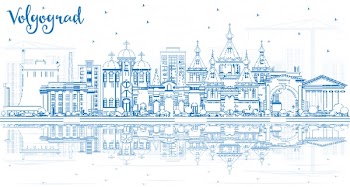 Outline Volgograd Russia City Skyline with Blue Buildings and Reflections. Vector Illustration. Business Travel and Tourism Concept with Historic Architecture. Volgograd Cityscape with Landmarks.