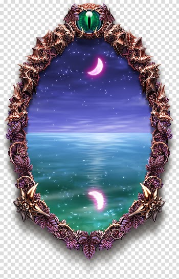 Oval mirror with brown wooden frame showing purple moon reflection, Magic Mirror Anima: Ark of Sinners Mirror To Dreams, mirror transparent background PNG clipart