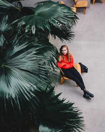 Overhead Photo of Woman Sitting Beside Palm Tree Looking Up