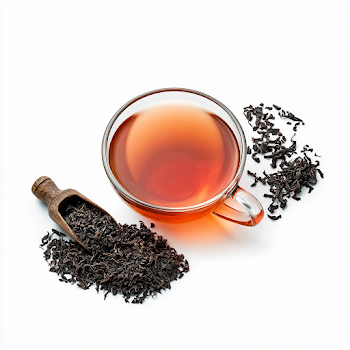 Overhead View of Clear Glass Tea Cup with Black Tea and Dried Tea Leaves