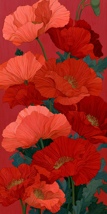 Oversized Stylized California Poppies in Reddish Tones