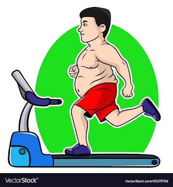 overweight chubby young man running on treadmill