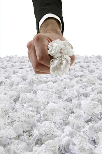 Overwhelmed by Paperwork: A Hand Gripping Crumpled Documents