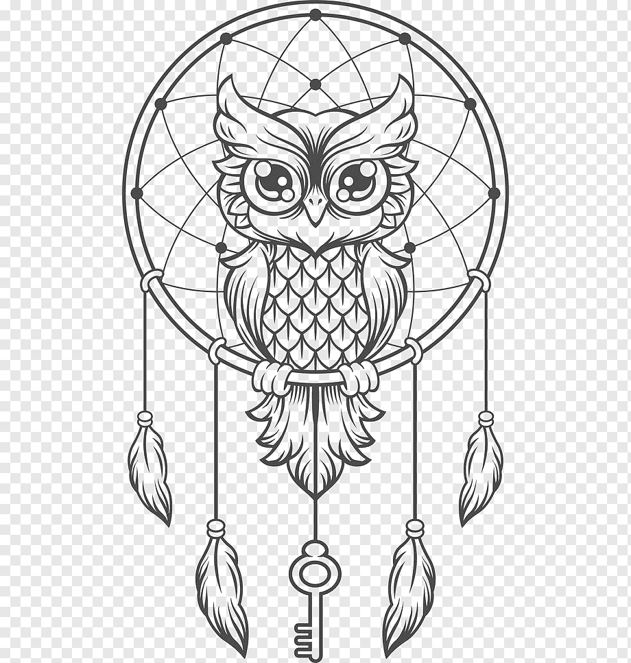 owl dream catcher, Dreamcatcher Owl Creative Haven Creative Kittens Coloring Book Illustration, Dreamcatcher Owl, watercolor Painting, branch, monochrome png