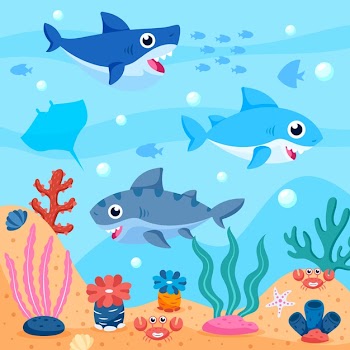 Pack of baby sharks in the ocean illustrated Free Vector