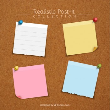 Pack of four realistic adhesive notes with thumbtacks Free Vector