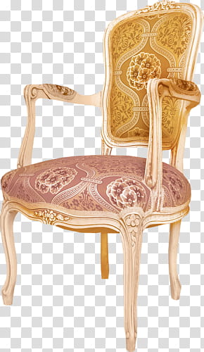 Padded beige wooden framed floral armchair transparent background PNG clipart