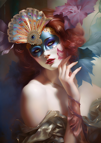 Painting of a beautiful auburn-haired woman with colorful Venetian mask