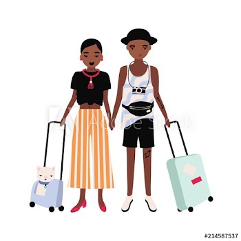 Pair of African American boy and girl dressed in stylish clothing standing together and holding suitcases