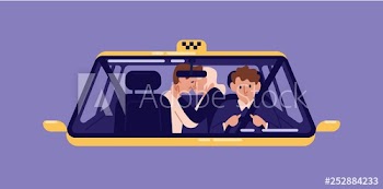 Pair of customers kissing at back seat of taxi and driver seen through windshield