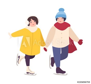 Pair of cute girls holding hands and ice skating together