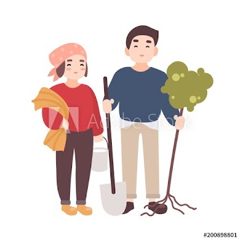 Pair of cute happy smiling man and woman farmers or gardeners carrying seedling to plant and gardening tools