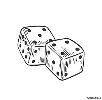Pair of dice lying with four and five on top side drawn with black contour lines on white background