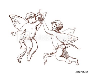 Pair of flying Cupids or angels carrying bunch of grapes hand drawn with contour lines on white background