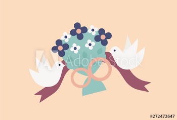 Pair of flying doves or birds carrying elegant bridal bouquet or bunch of flowers decorated by rings and ribbon