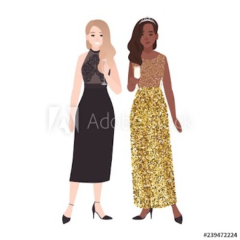 Pair of girls in posh elegant evening dresses standing together and drinking champagne