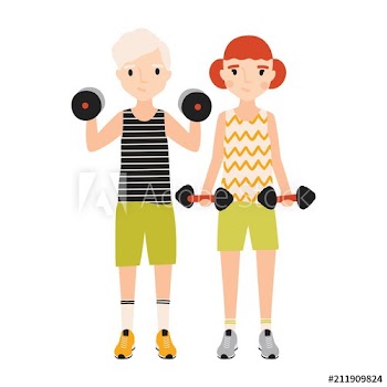 Pair of kids dressed in sportswear doing exercise with barbells isolated on white background