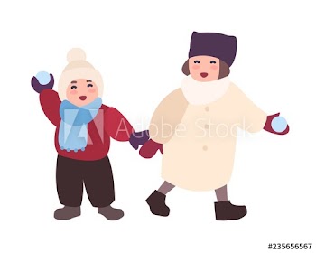 Pair of laughing children throwing snowballs
