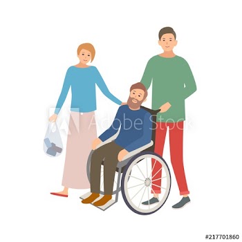 Pair of male and female volunteers helping disabled person