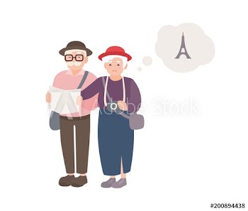 Pair of smiling elderly male and female tourists with map